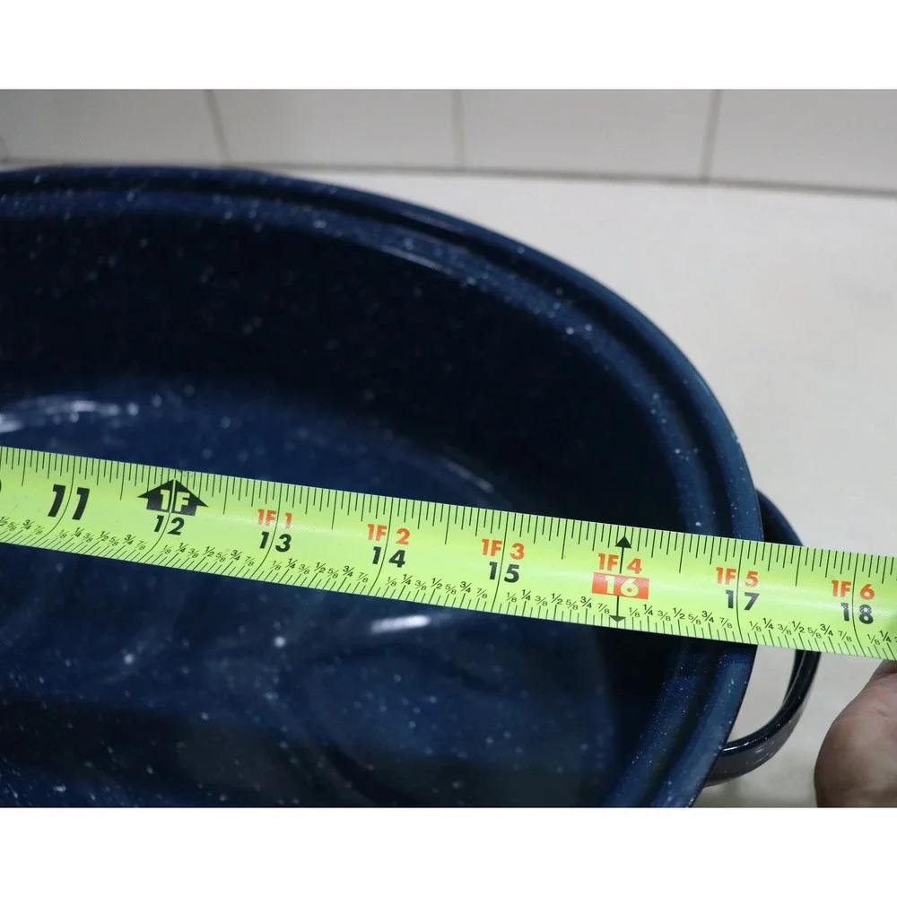 Blue Speckled Enamelware Oval Roasting Pan with Lid 16 Inch Turkey Roaster